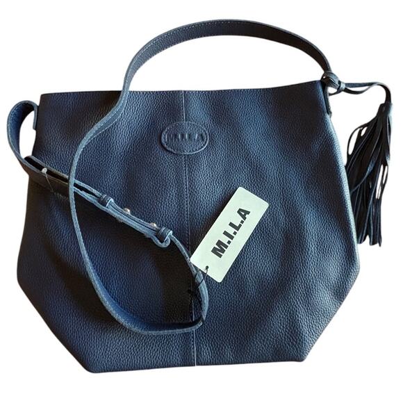 M.I.L.A. Navy Joanie Blue Pebbled Leather Crossbody Bag NWT - Has Interior Mark - Picture 1 of 12